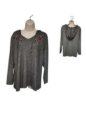Christopher & Banks Gray Embroidered Hooded Sweater Blouse PXL